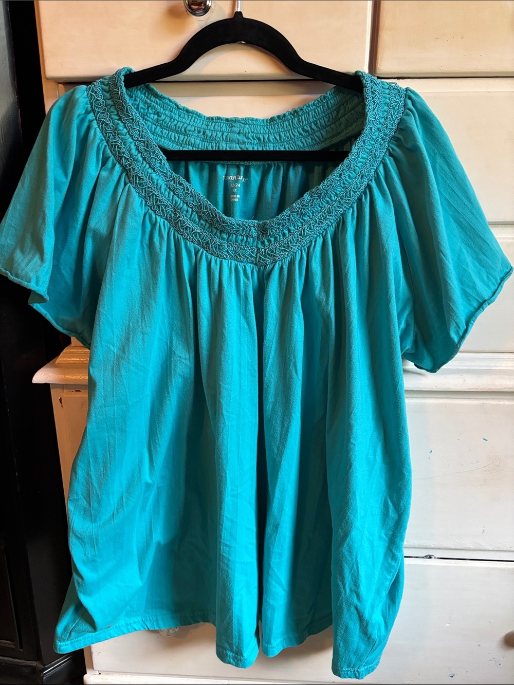 Woman Within Turquoise Embroidered Scoop-Neck Tunic